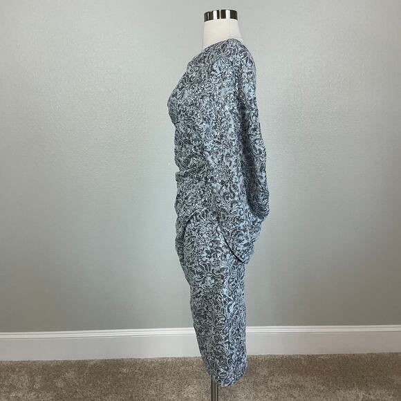 Betsy & Adam Sequined Lace Cocktail Dress Size 8 Blue Draped Back Midi Sheath - Picture 6 of 14